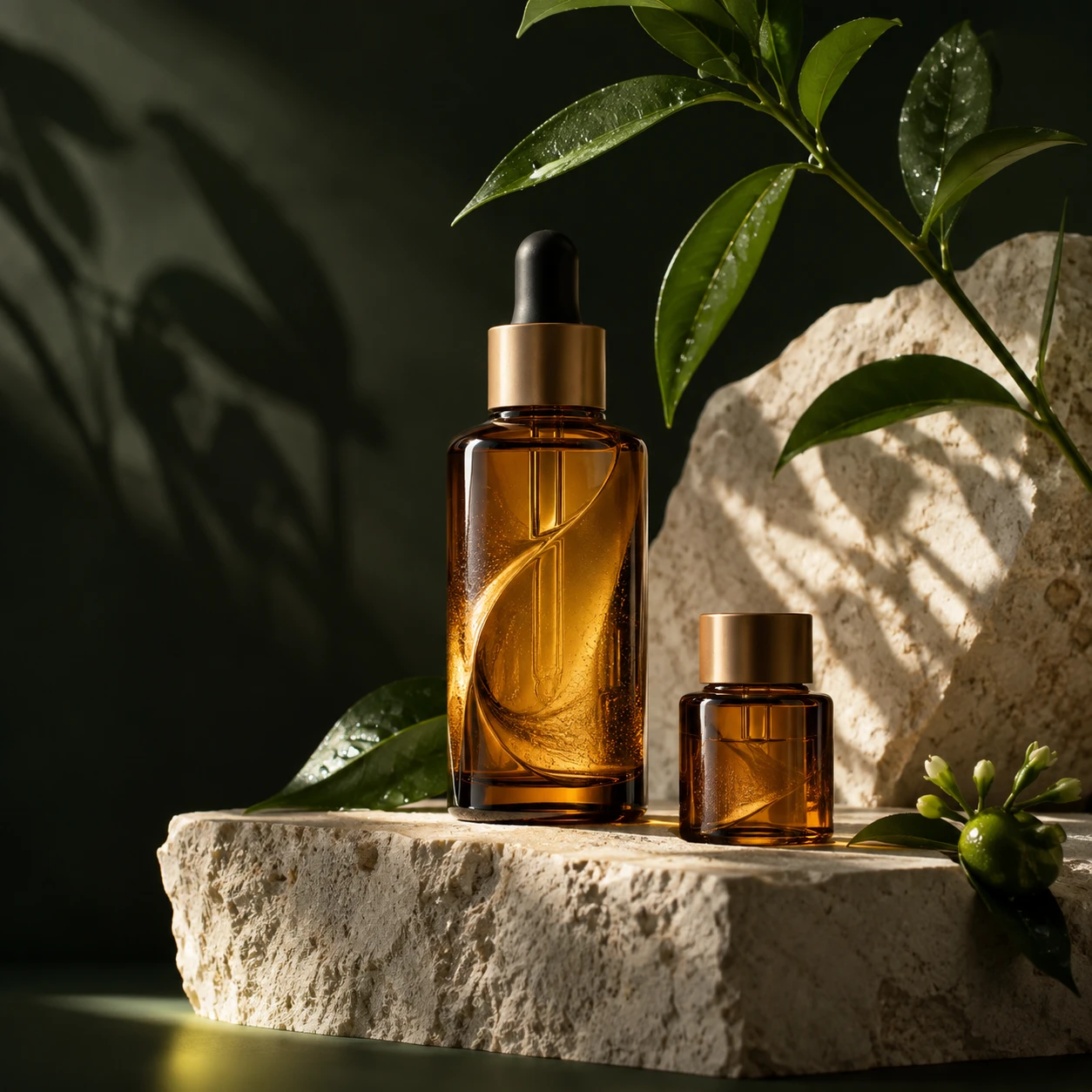 Estudo ilustrativo de produto cosmético sobre pedra, com folhagens e sombras naturais