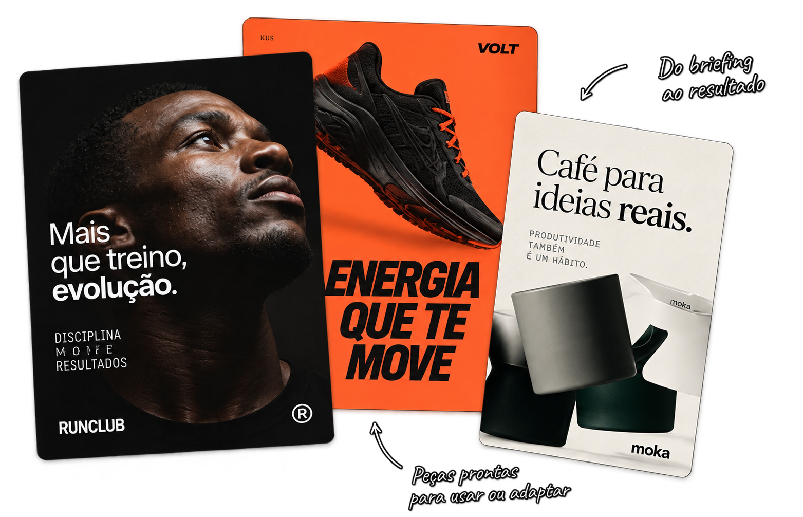 Estudos visuais de campanhas: esporte, produto e café, com diferentes estilos de composição